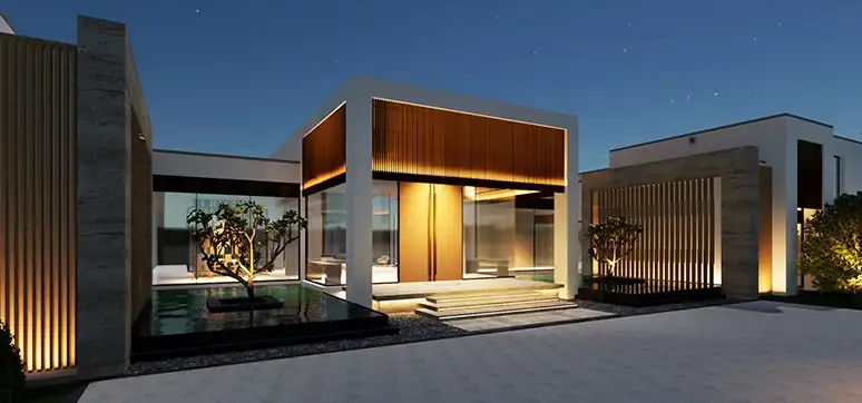 تصميم واجهة فيلا مودرن حديثة توضح التباين المعماري الرائع بين نعومة الزجاج الواسع وفخامة الحجر الطبيعي المضاء ليلاً.