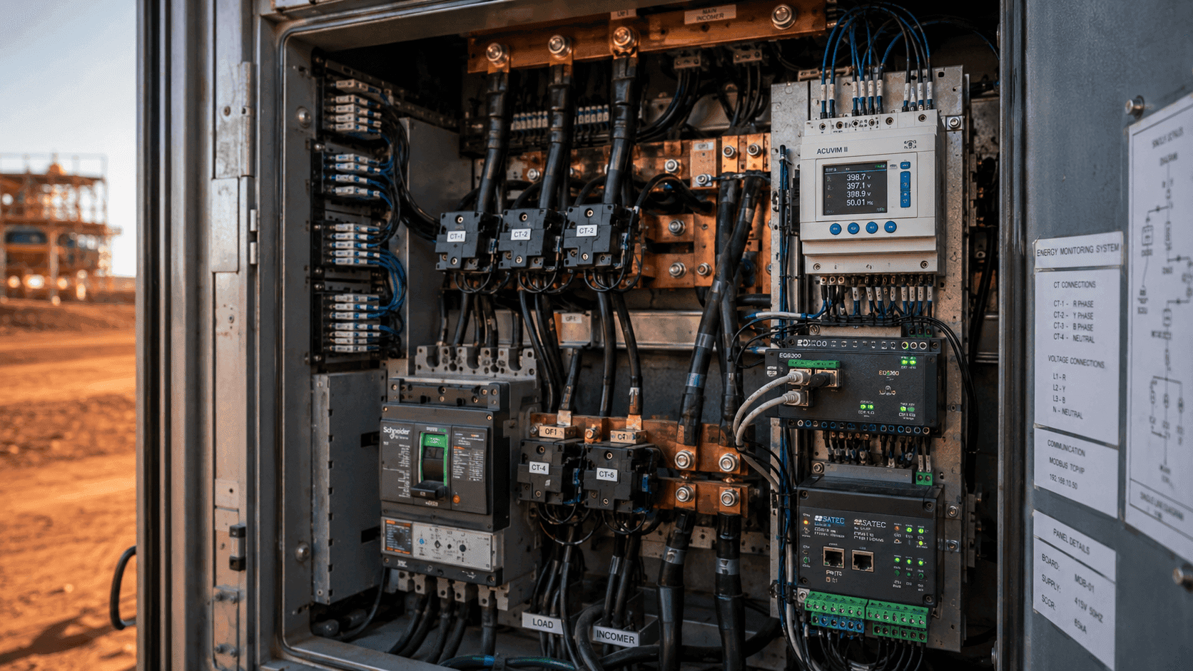 Powerhouse Renewables Group industrial electrical panel with energy monitoring system and Schneider circuit breakers in remote Australia