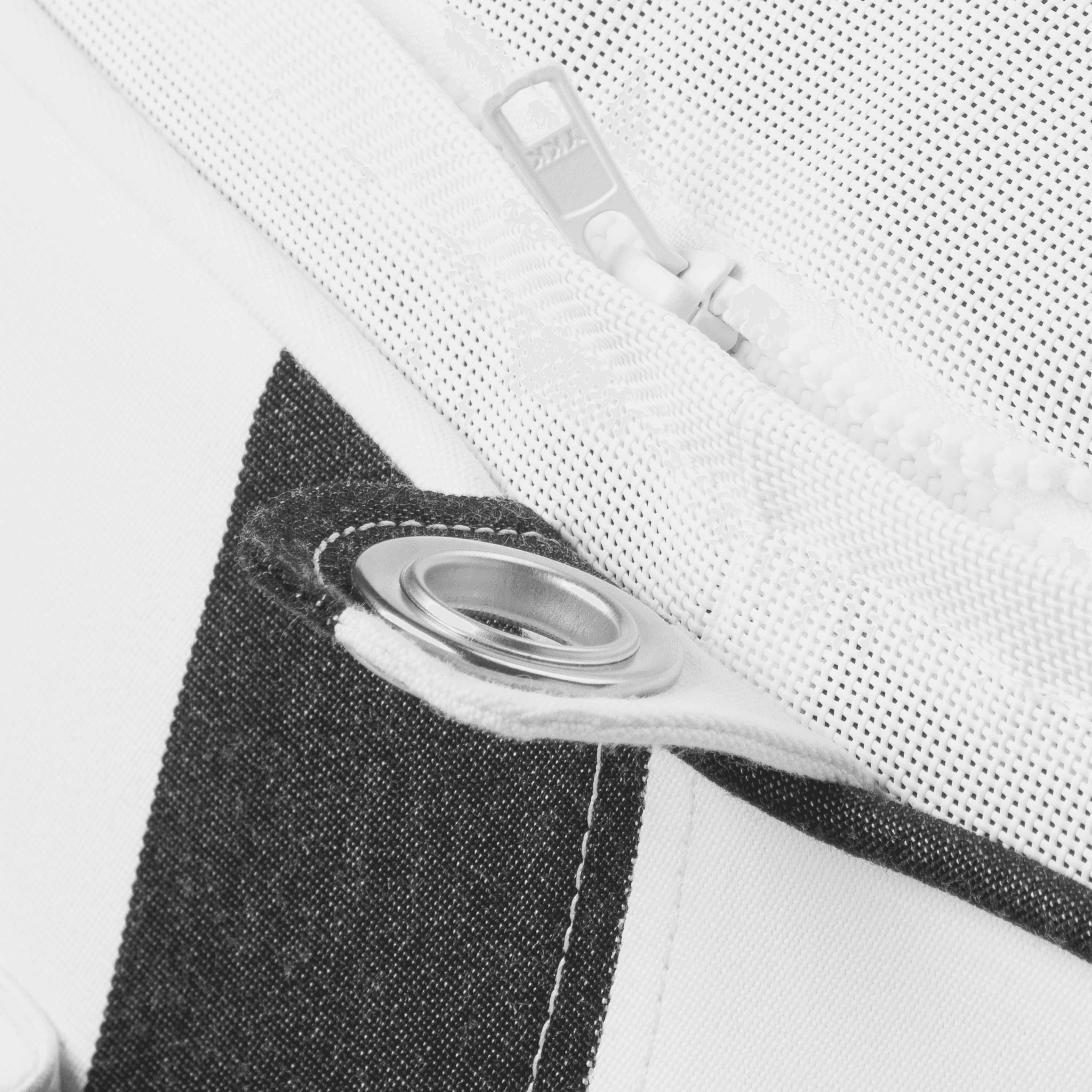 Ring pool float showing black-and-white striped canvas with progressive shading and matte white base