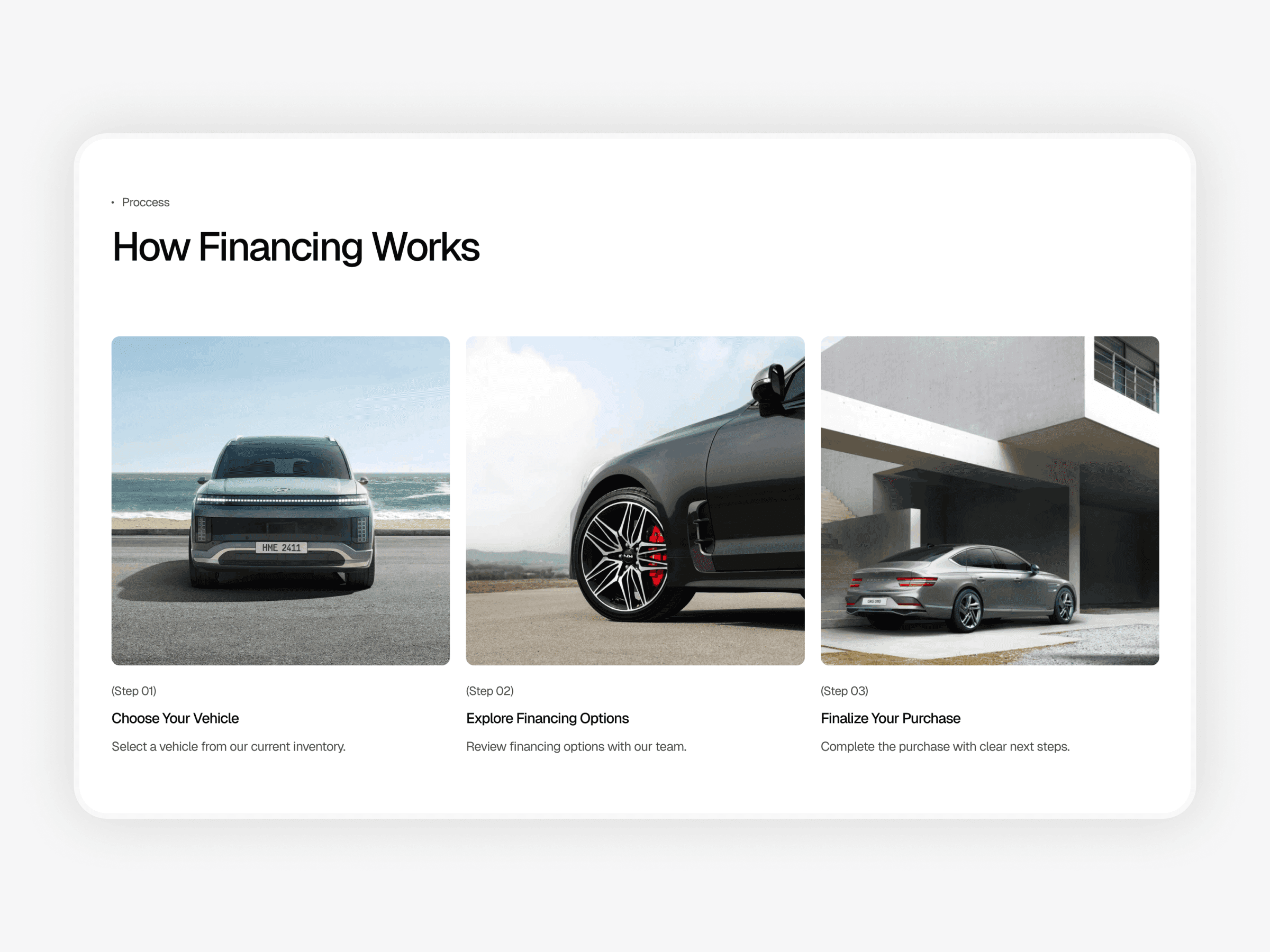 Car dealership financing process section showing clear steps and a simple inquiry-focused layout
