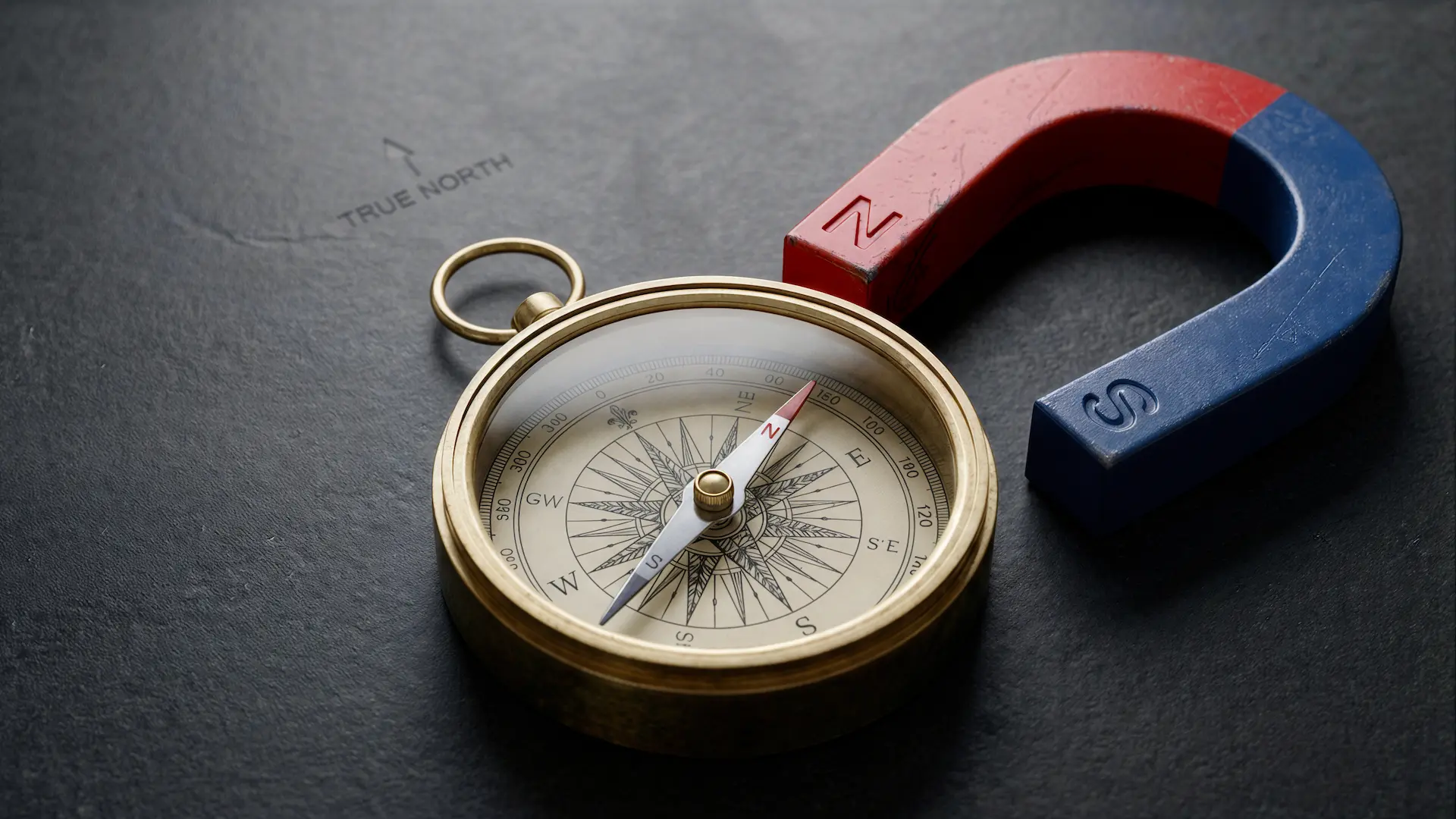 A compass needle deflects toward a magnet beside it, ignoring the marked true north.