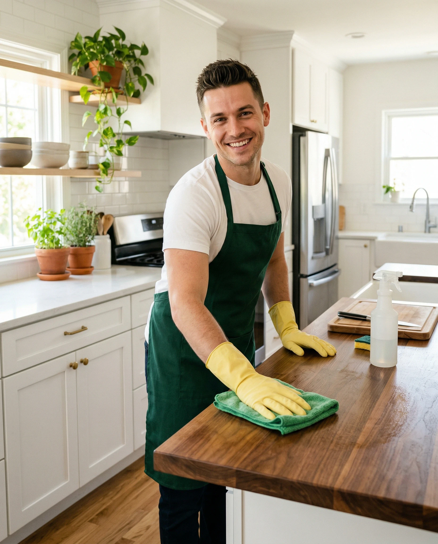 Man in green apron cleaning a kitchen countertop with a cloth.