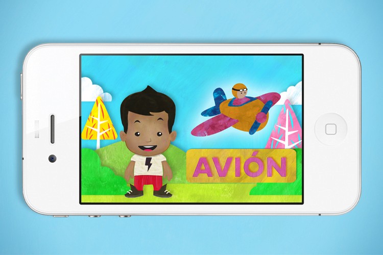 A white iPhone displays a cartoon boy with dark hair, wearing a white shirt with a red lightning bolt design and red shorts, standing on a green patch of ground. He faces forward, smiling. Behind him, a cartoon airplane in orange and yellow is flying in the sky. A yellow sign with “AVION” in purple letters is visible below. The background includes stylized trees and a light blue sky. The phone’s screen is brightly lit and centered.