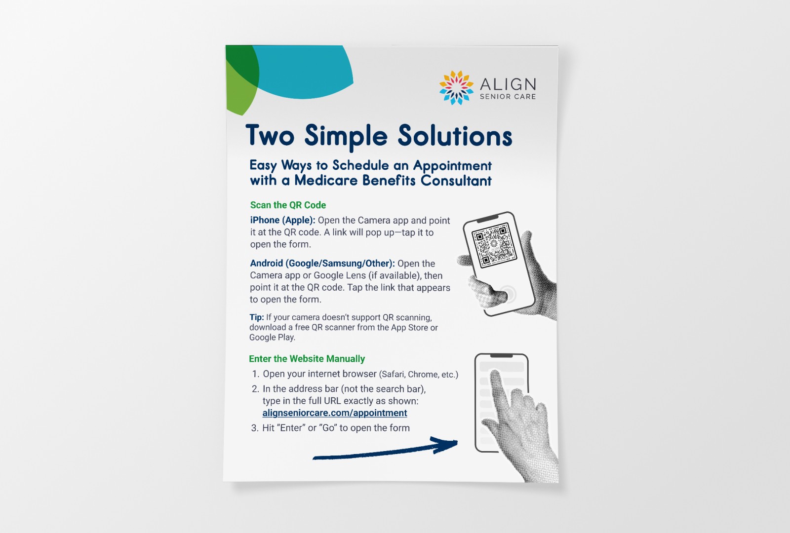 Curana Health Appointment Schedule Flyer showing steps on how schedule an appointment qith a QR code on your phone