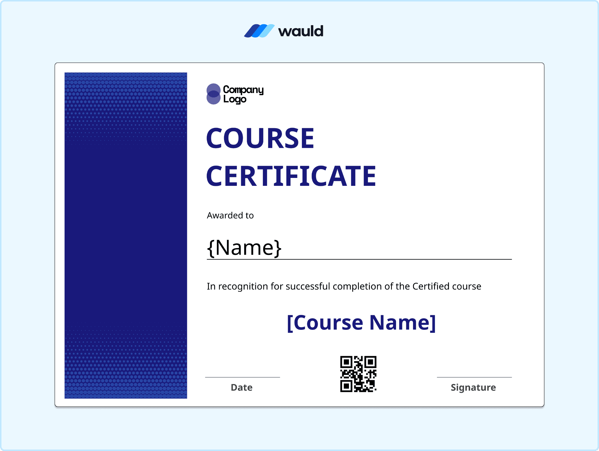 White course certificate template with solid blue left block