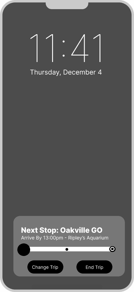 Live trip screen showing next stop, arrival time, and Change Trip and End Trip buttons.