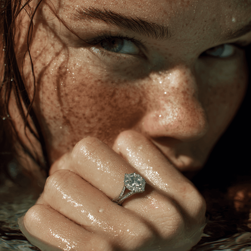 Women with ring in hand in water portrait