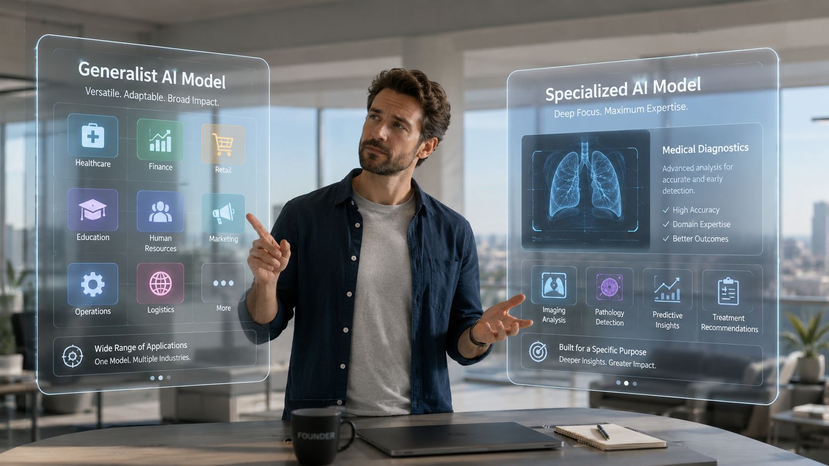 A man interacting with two digital holographic interfaces comparing generalist and specialized AI models in an office.