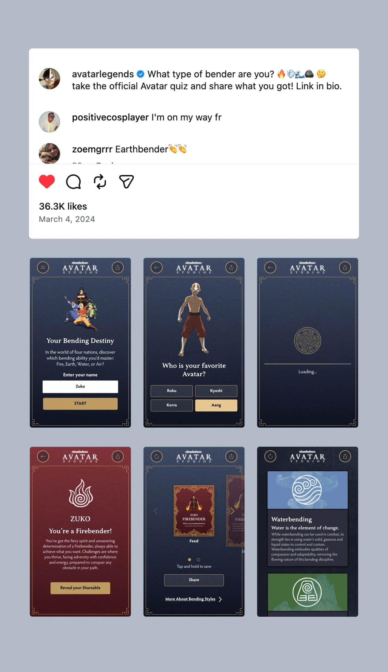 Social media engagement showing over 36,000 likes on an Instagram post for the Avatar quiz, above a grid of various quiz UI screens.