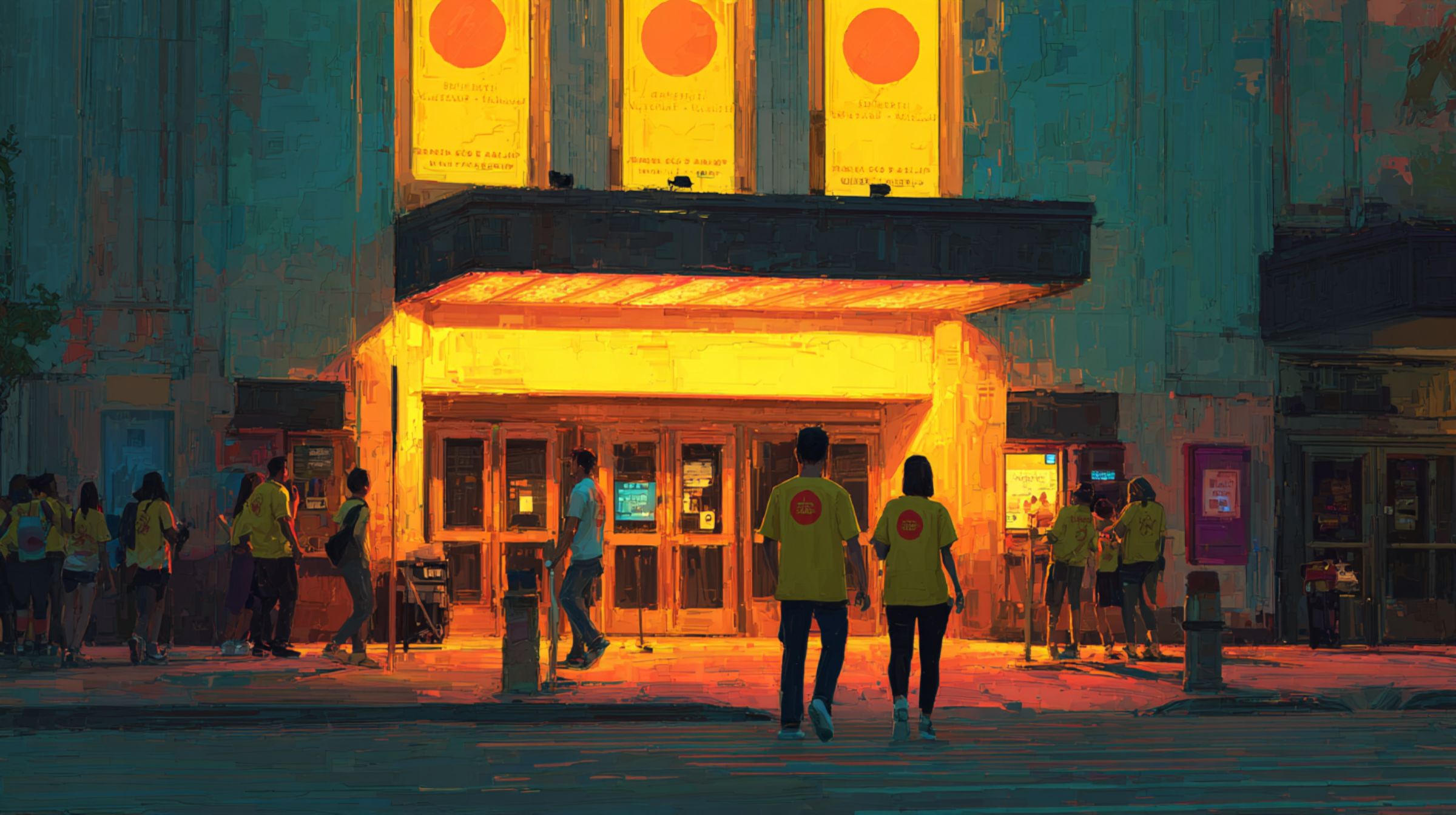 People wearing matching shirts gather outside a glowing theater at dusk with the same symbol on the posters above the doors, representing creative work reaching the world.