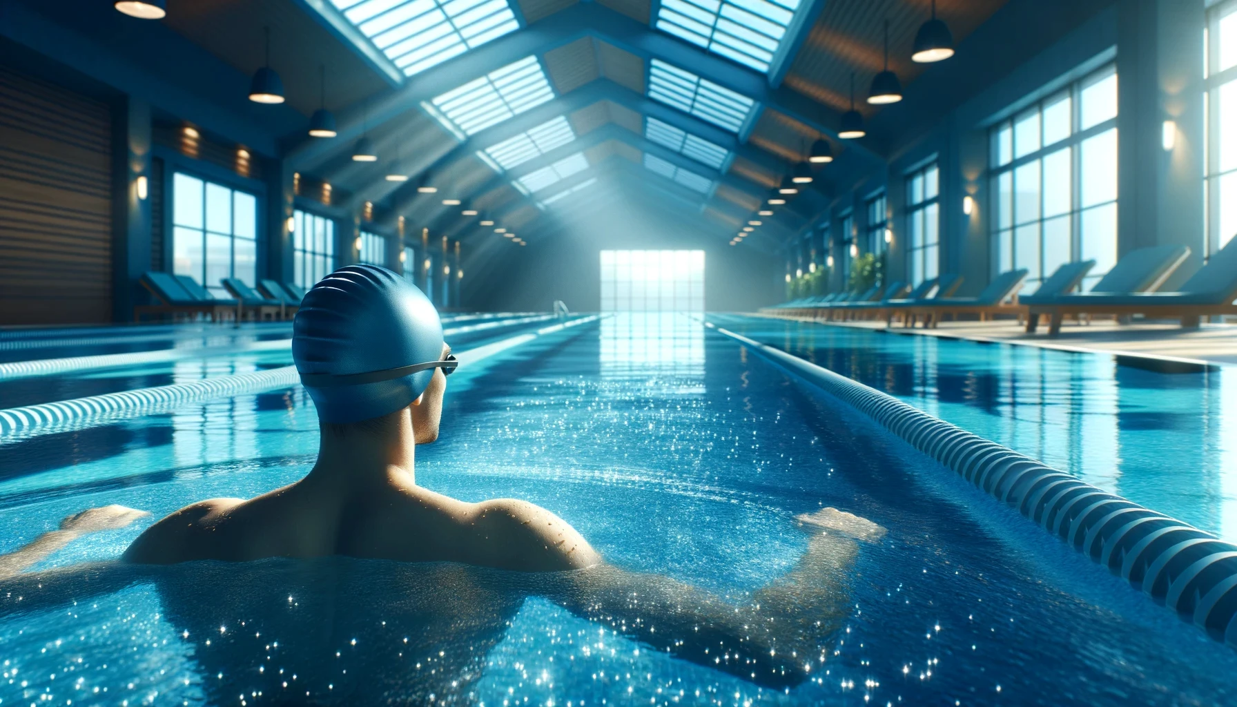 Une piscine intérieure spacieuse et accueillante, baignée d'une lumière douce et apaisante bleue, avec un nageur au premier plan.