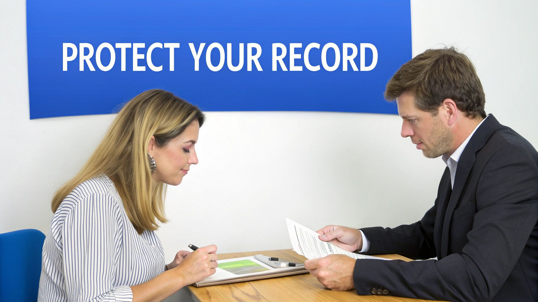 A man and a woman reviewing documents at a desk, with a 'Protect Your Record' sign.