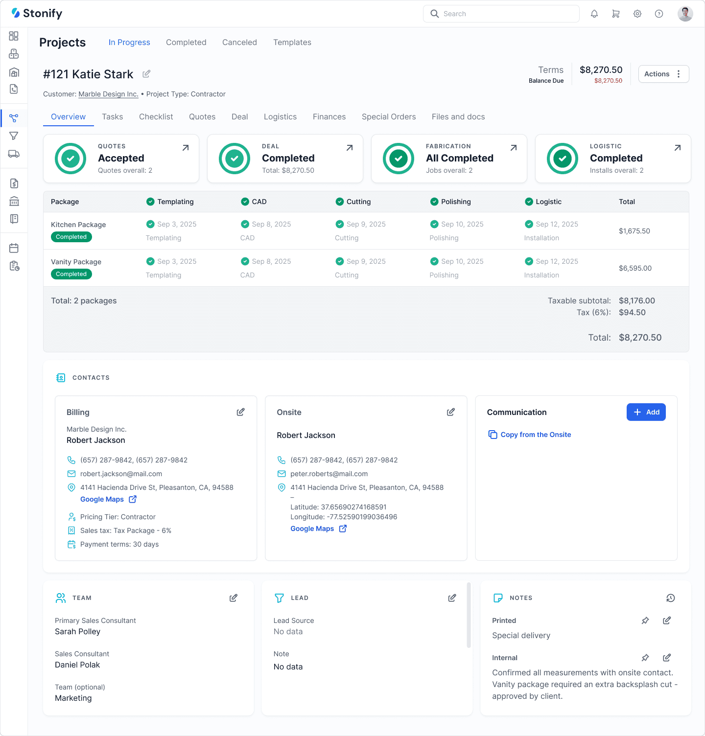 Stonify ERP dashboard showing a stone fabrication project with quotes, fabrication progress, logistics tracking, and job totals.