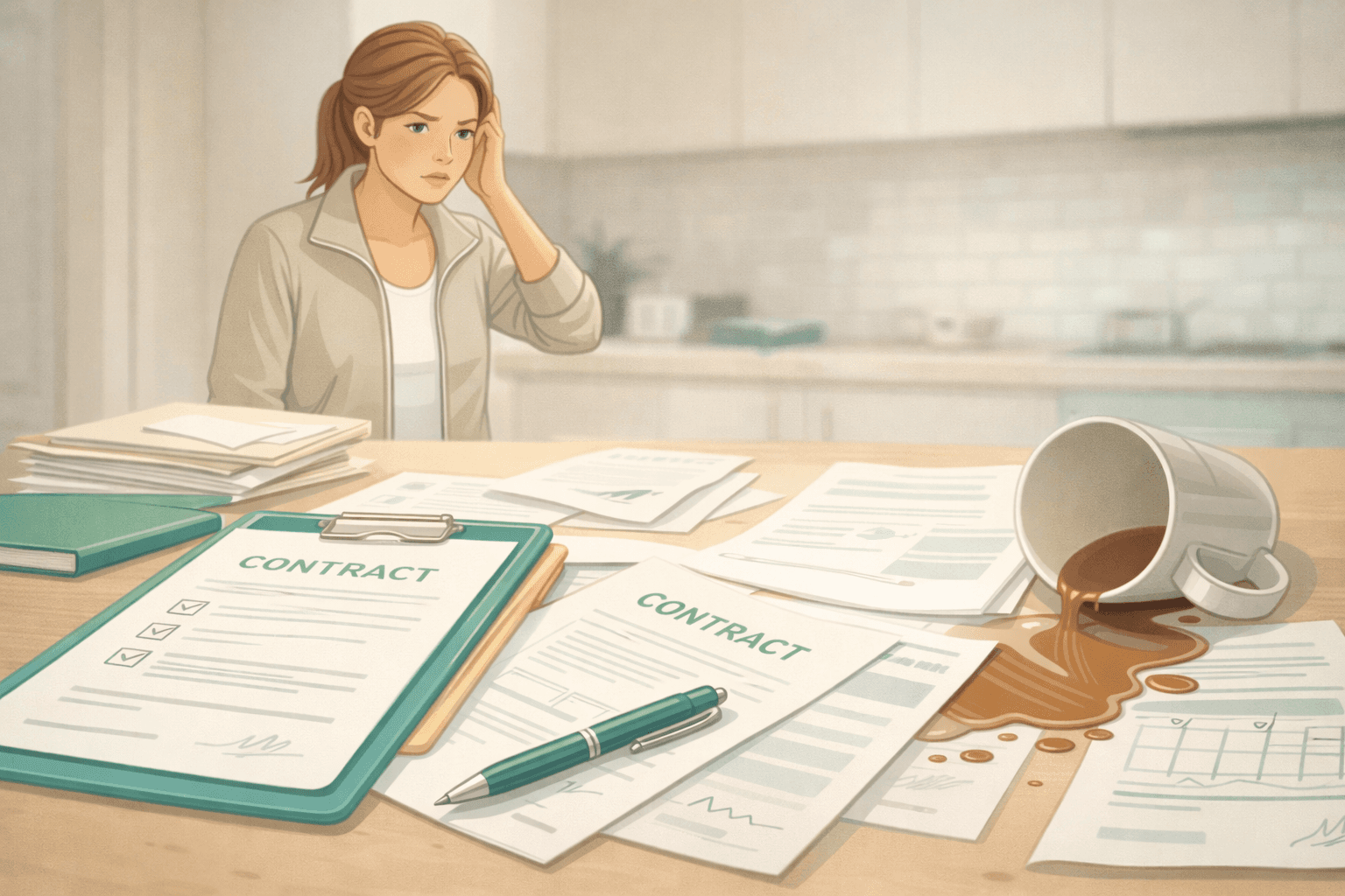 Messy desk with scattered papers labeled contracts, coffee cup spilled slightly nearby, pet sitter looking concerned in background, soft realistic lighting, subtle chaos but not exaggerated, professional photography