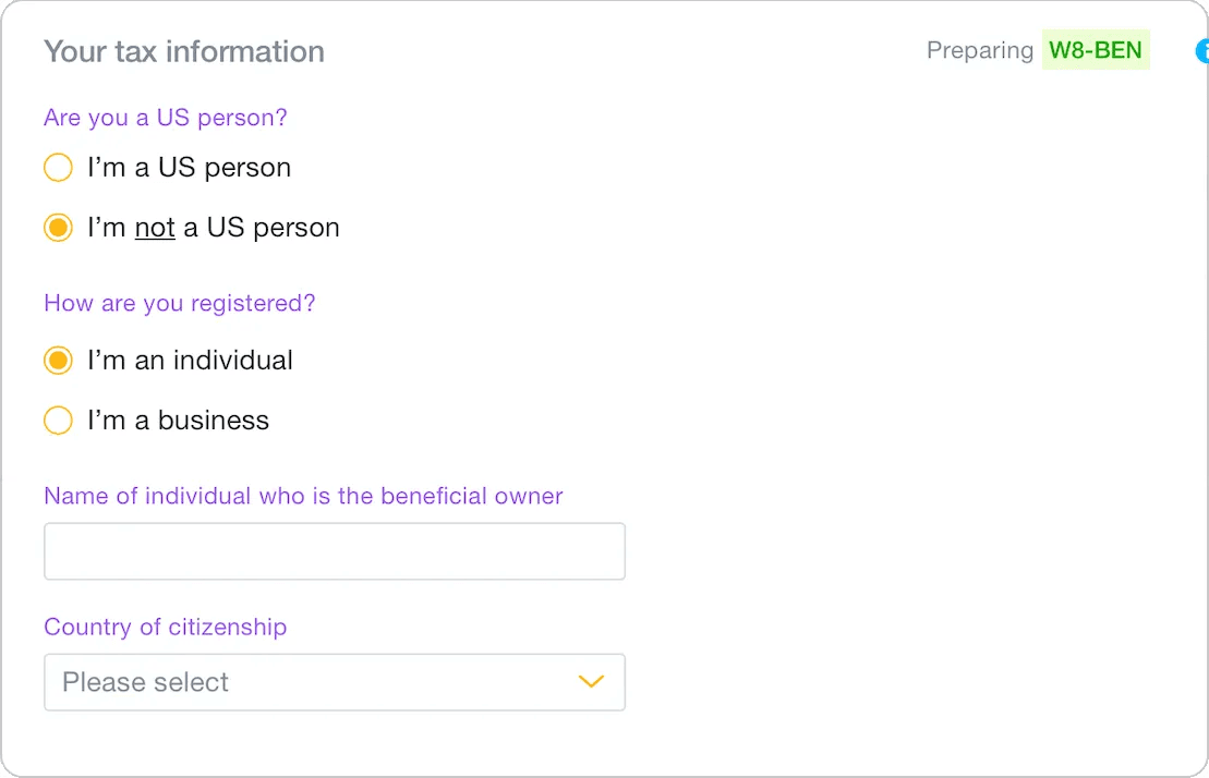 Screenshot of Pilot's W8-BEN form