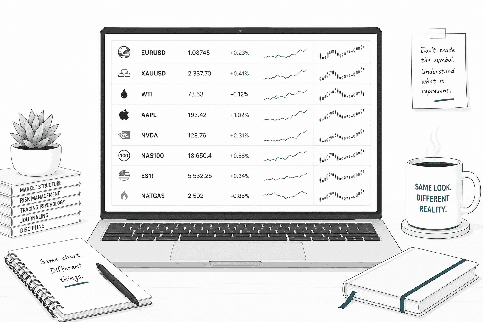 Editorial illustration of a trading workspace with a laptop watchlist showing different market symbols in similar-looking chart rows, reinforcing that similar chart interfaces can represent different instruments and trading structures.