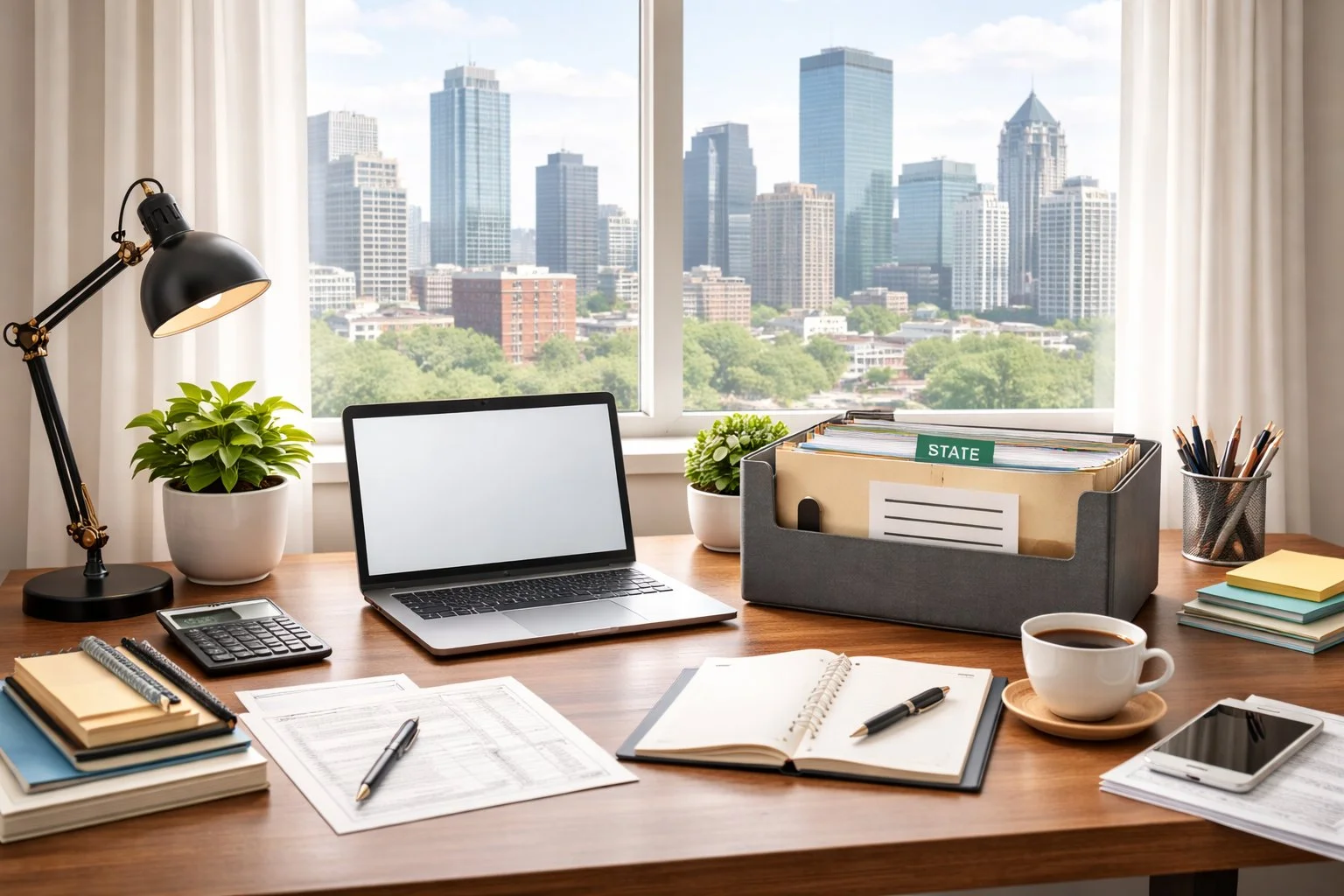 Home office with a window showing a faint city skyline in the background, suggesting local context and surroundings.