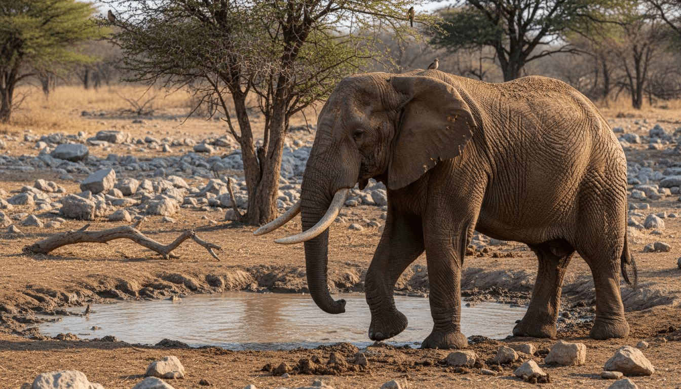 Un elefante adaptado al desierto se refresca en un abrevadero de Namibia.