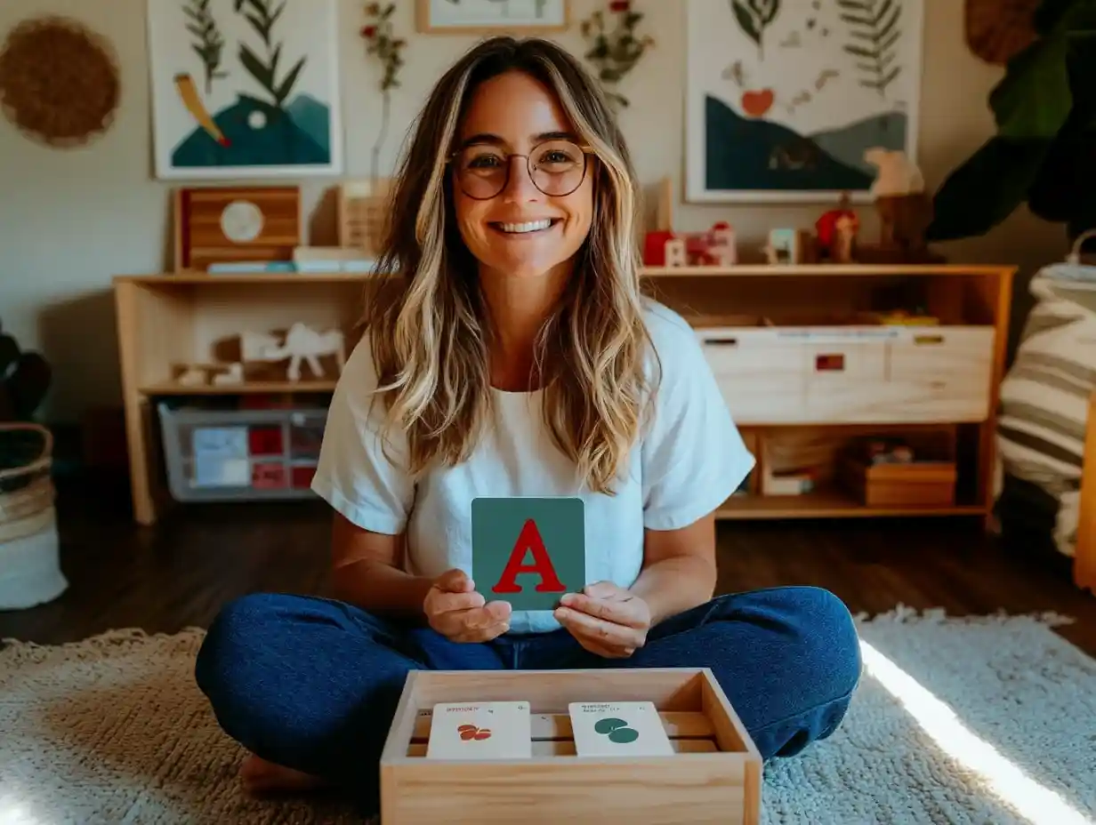 A cheerful tutor sitting on the floor holding a flashcard, showcasing engaging and personalized learning support for children.