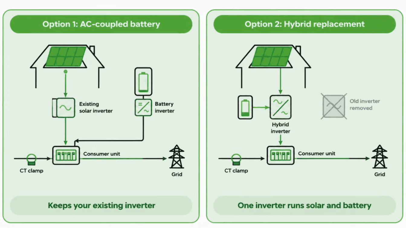 Animated diagram comparing an AC-coupled battery retrofit with a hybrid inverter replacement