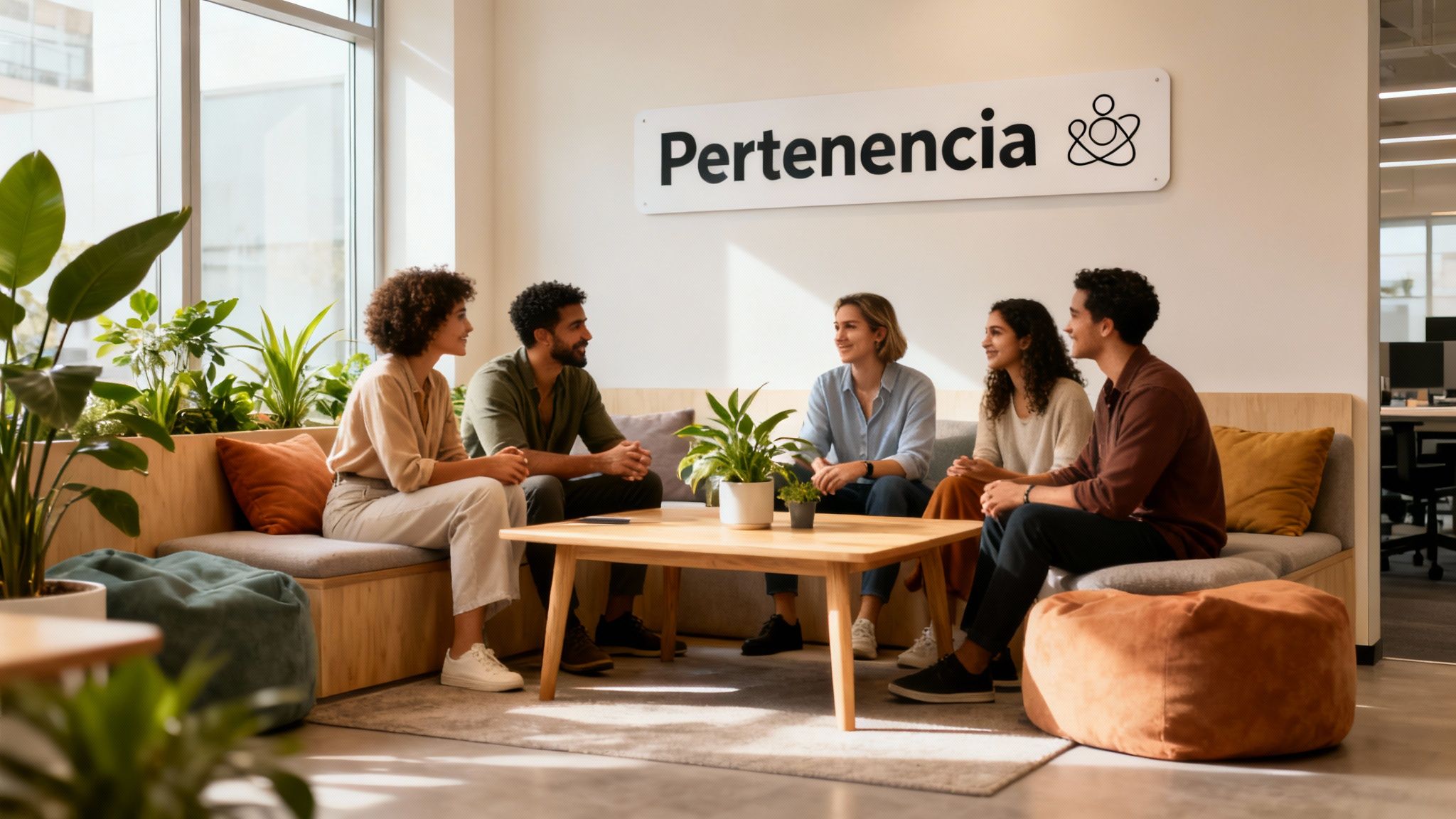 Grupo diverso de profesionales jóvenes conversando en un moderno lounge de oficina con el letrero Pertenencia.