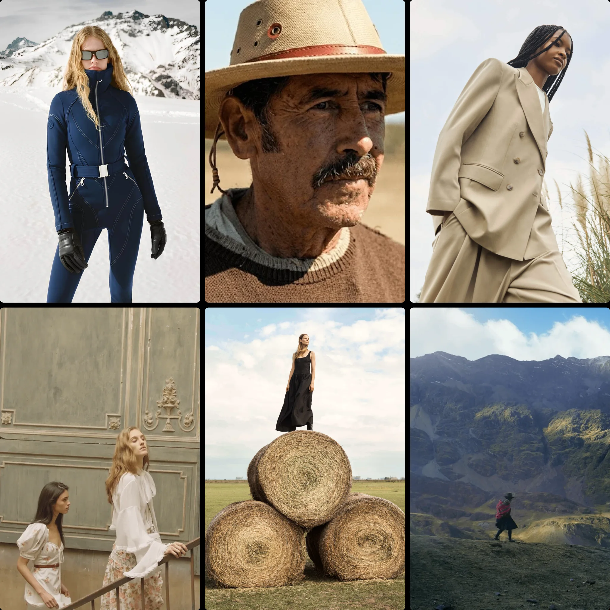 Grilla de retratos y moda producidos por La Casa Films: modelos en nieve, campo y montaña, y el retrato de un campesino con sombrero.