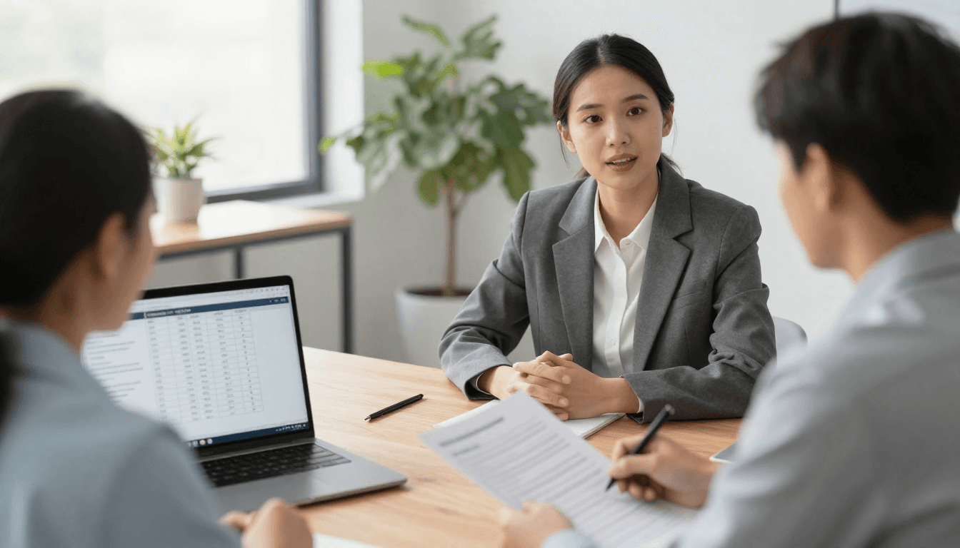 a hiring interview in progress, with a candidate speaking