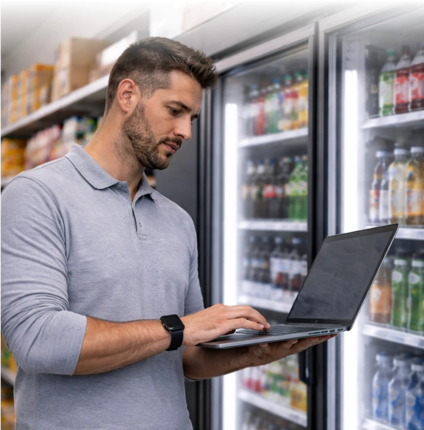 Person using a laptop beside a refrigerated beverage case