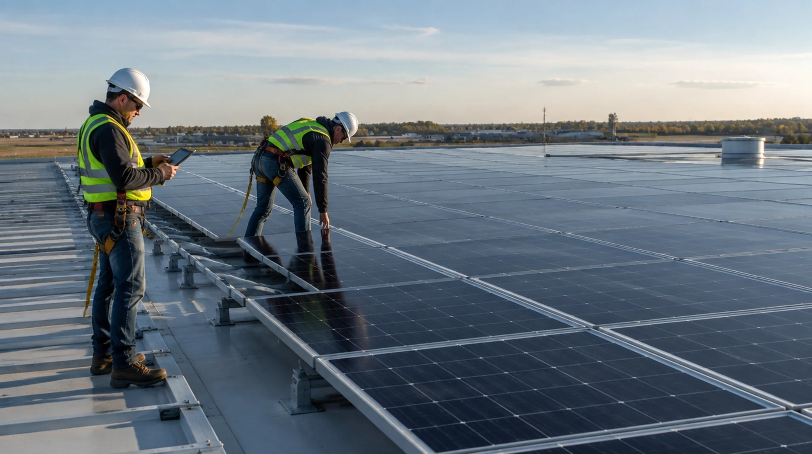 Solar installers inspecting panels on a commercial warehouse roof
