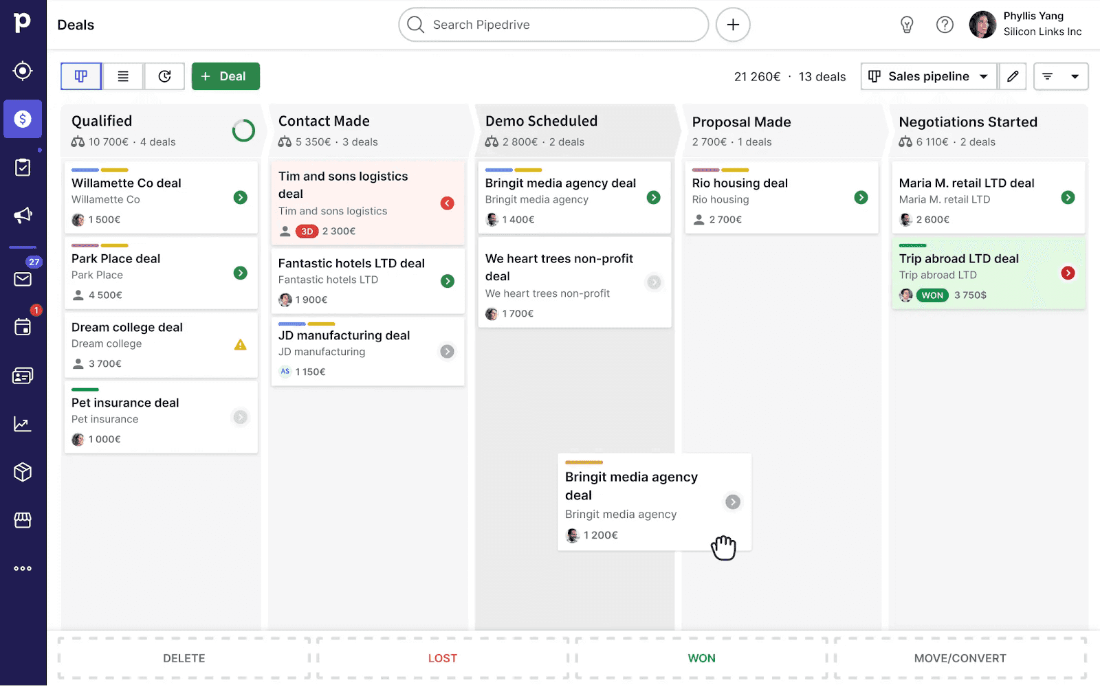 Pipedrive’s board view showing deals in different stages.&nbsp;