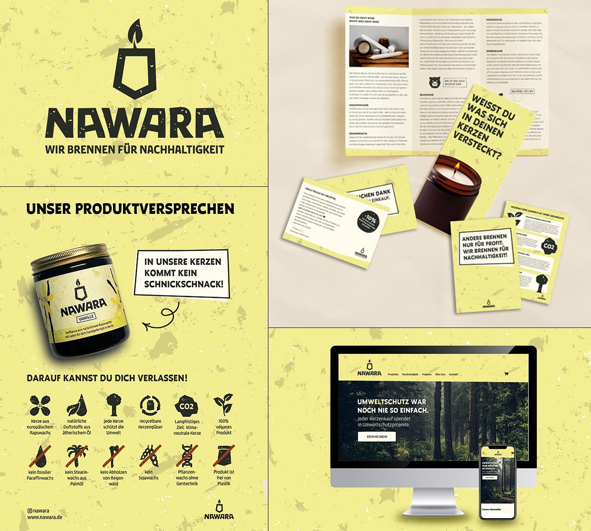 Verschiedene Medien gestaltet im Corporate Design für Nawara - nachhaltige Kerzen.