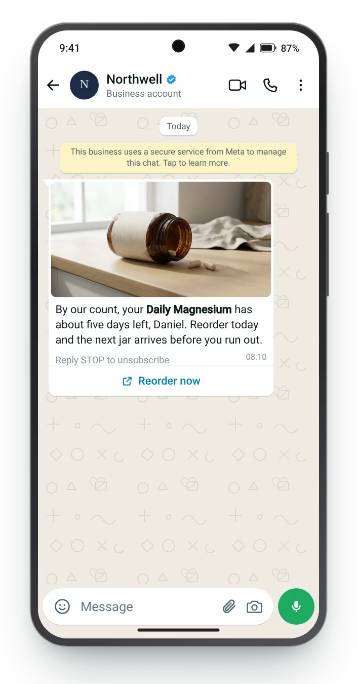 Five days before the jar runs out: WhatsApp reorder reminder on an Android phone