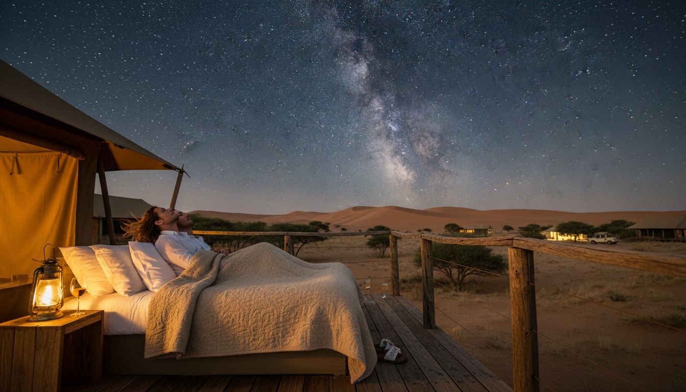Honeymooners stargazing outdoors Namibian desert