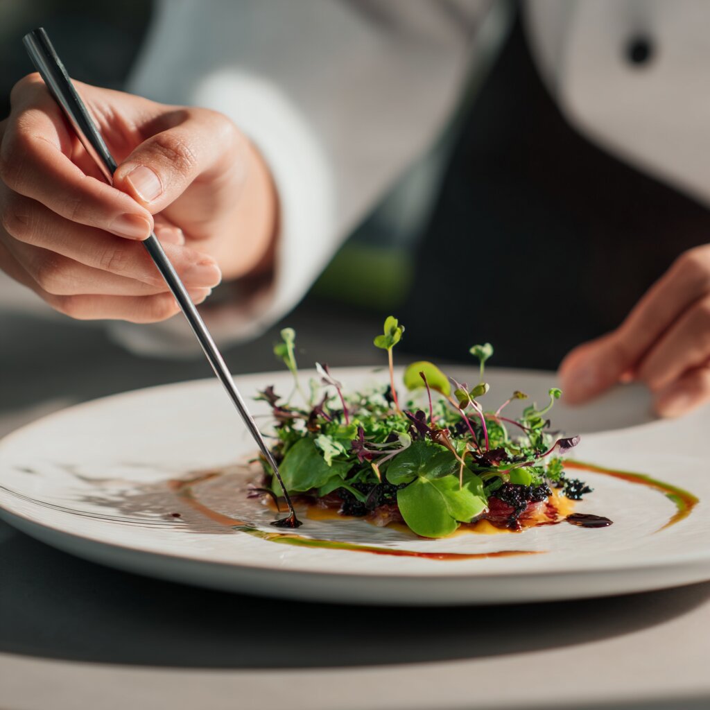 Chef’s hands finishing a refined plated course at home with precise garnishes and restaurant-level presentation.