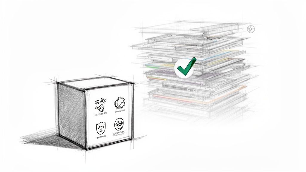 Illustration of ideas transforming into complete designs, represented by a cube and stacked documents with a checkmark.