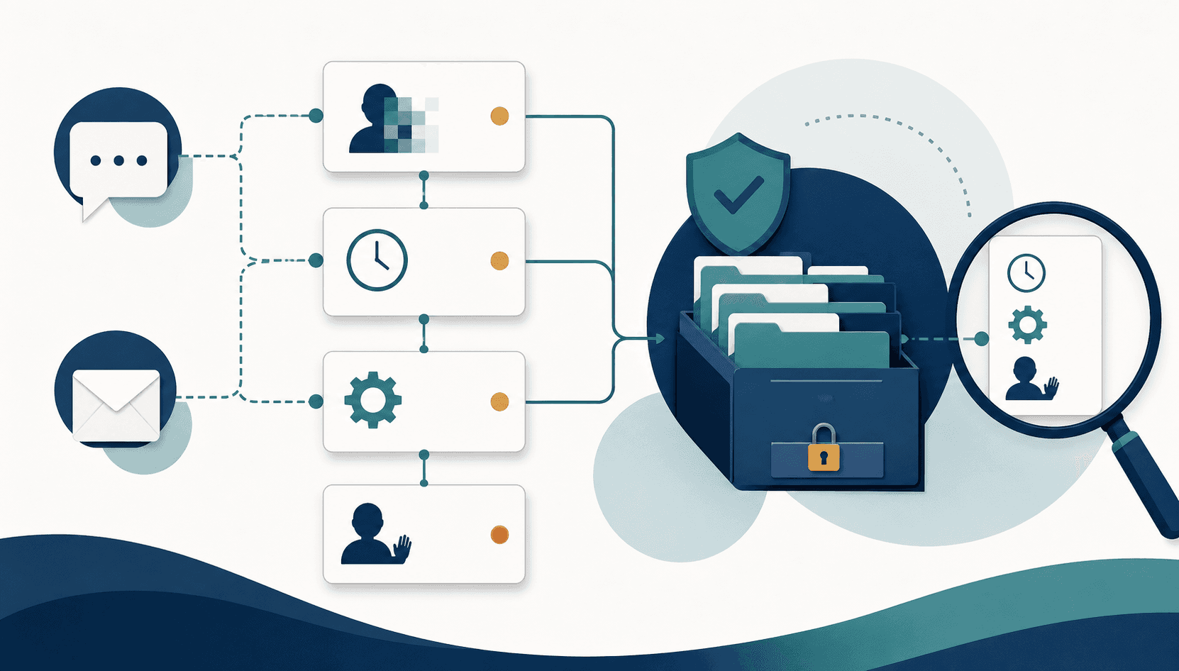 Create a text-free editorial illustration for the Data Governance, Logging, and Audit Trails section of an enterprise EU AI Act support compliance article. Wide landscape composition, restrained navy, teal, warm white and small amber accents, precise flat vector forms with subtle dimensional depth and ample negative space. Depict a traceable evidence flow: blank chat bubble and envelope pictograms on the left connect to a sequence of event cards in the center, with simple clock, gear, and human intervention pictograms. The event cards feed an organized secure archive on the right, represented by tidy folders and a small padlock. A magnifying glass over one retrieved card conveys that reviewers can reconstruct a decision. Show privacy protection using opaque geometric masking over a profile silhouette on an incoming card. Keep the visual uncluttered, professional, and conceptual rather than a product screenshot. All cards are blank apart from pictograms. No text, words, letters, numbers, typography, labels, logos, watermarks, or simulated writing anywhere. No robot mascots, certification badges, or imagery suggesting guaranteed legal compliance.