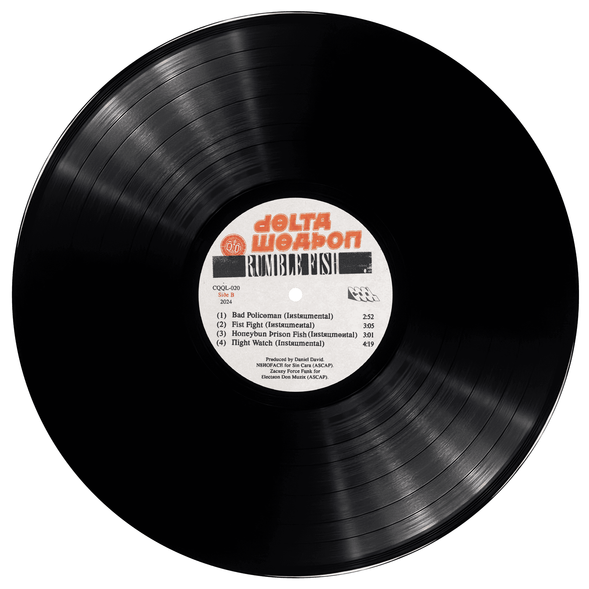 Vinyl record with a label featuring 'Delta Weapon' on a white background
