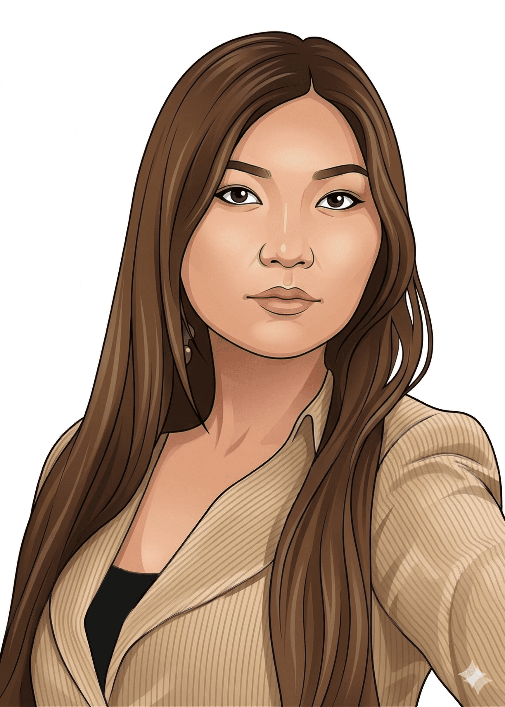 Illustrated headshot of Sarah Chen with long brown hair, wearing a beige ribbed cardigan over a black top against a white background.