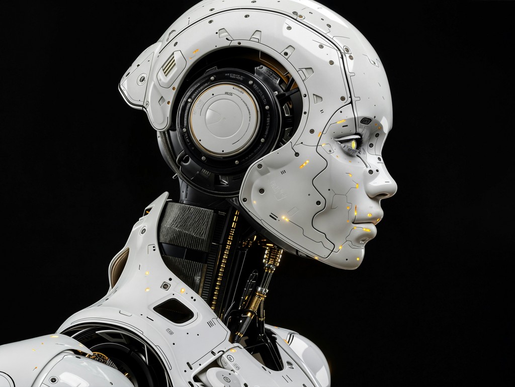 A white robot is standing in front of a black background