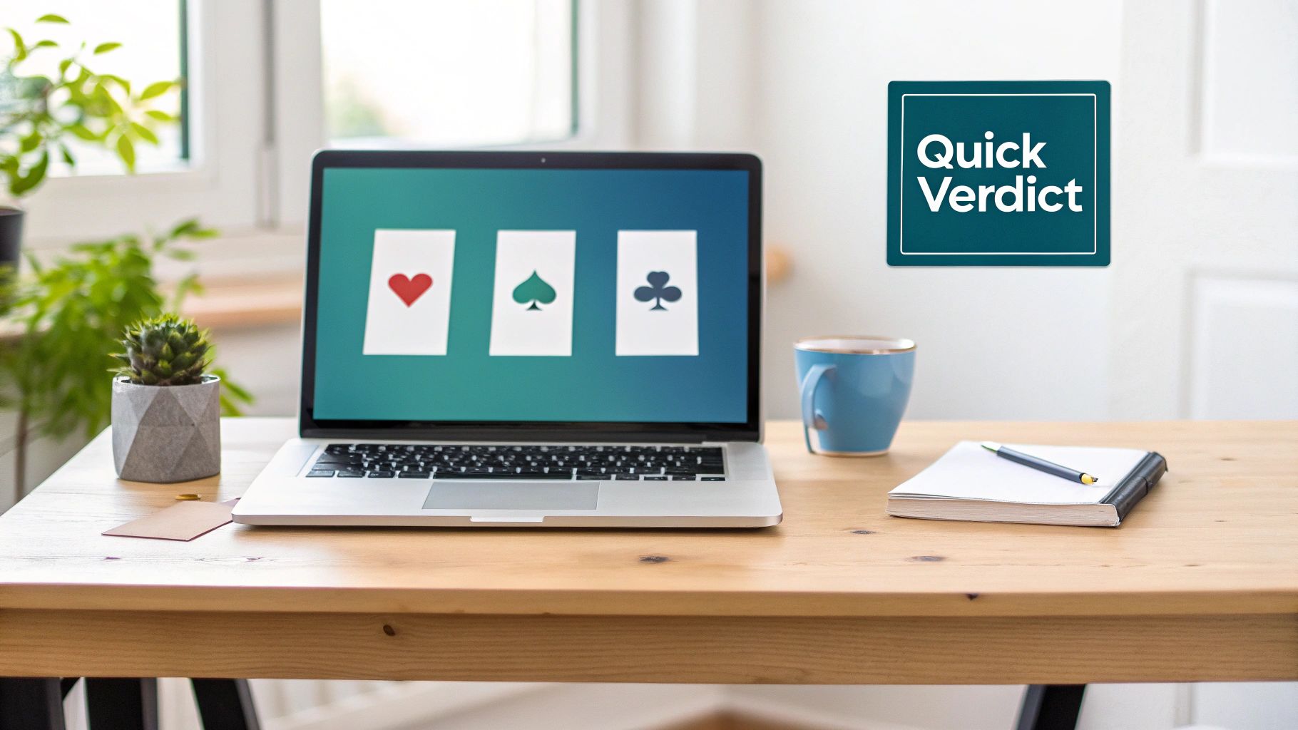 A laptop displaying playing card suits on a wooden desk with a cactus, mug, and notebook.