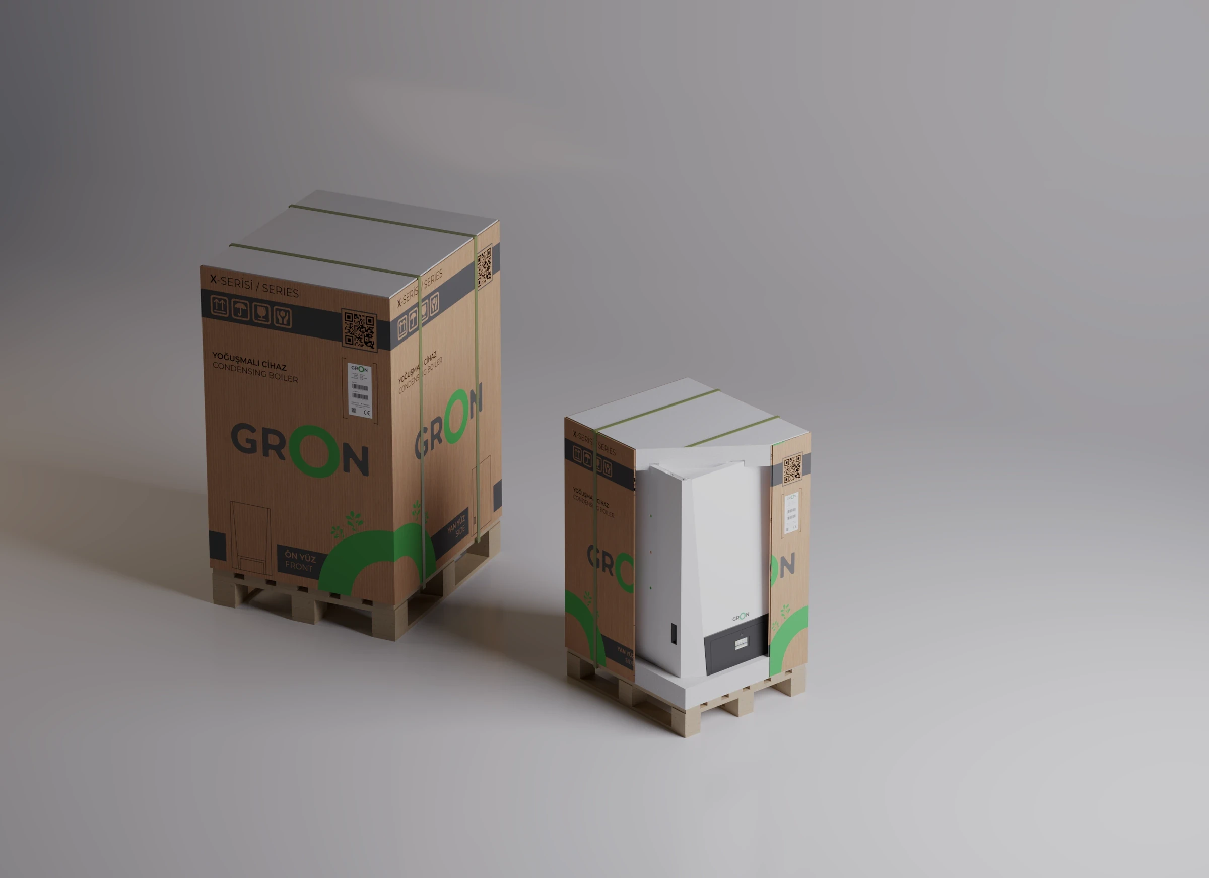 صيغتان مختلفتان لتعبئة وتغليف الغلايات التكثيفية من GRON في عرض مرئي ثلاثي الأبعاد فائق الواقعية.