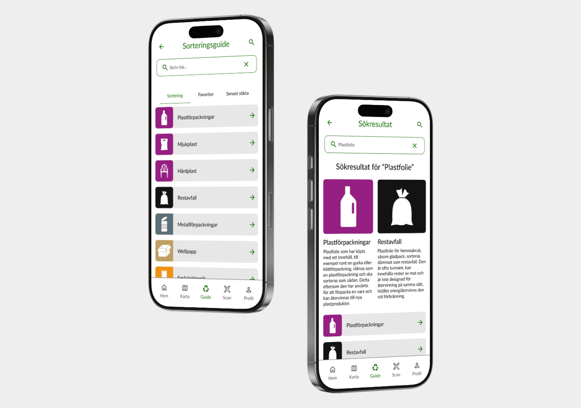 Two smartphones displaying a recycling guide in a sorting app. The left screen shows a categorized list of materials like plastic, metal, and paper, while the right screen presents search results for 'Plastic Film,' detailing whether it should be sorted as plastic packaging or residual waste.