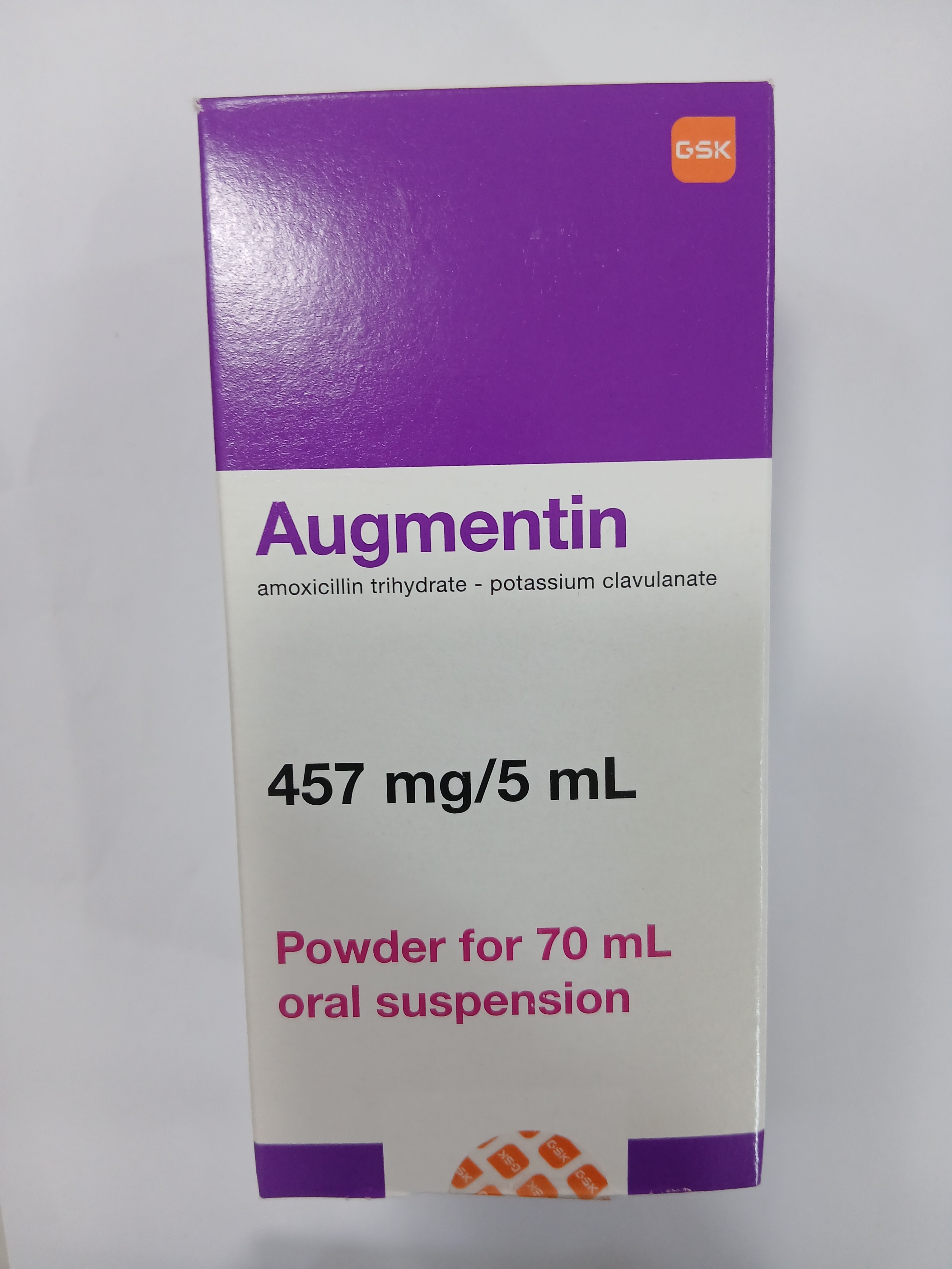 Augmentin amoxicillin trihydrate - potassium clavulanate 457 mg/5 mL powder for 70 mL oral suspension in a white and purple cardboard box with GSK logo.