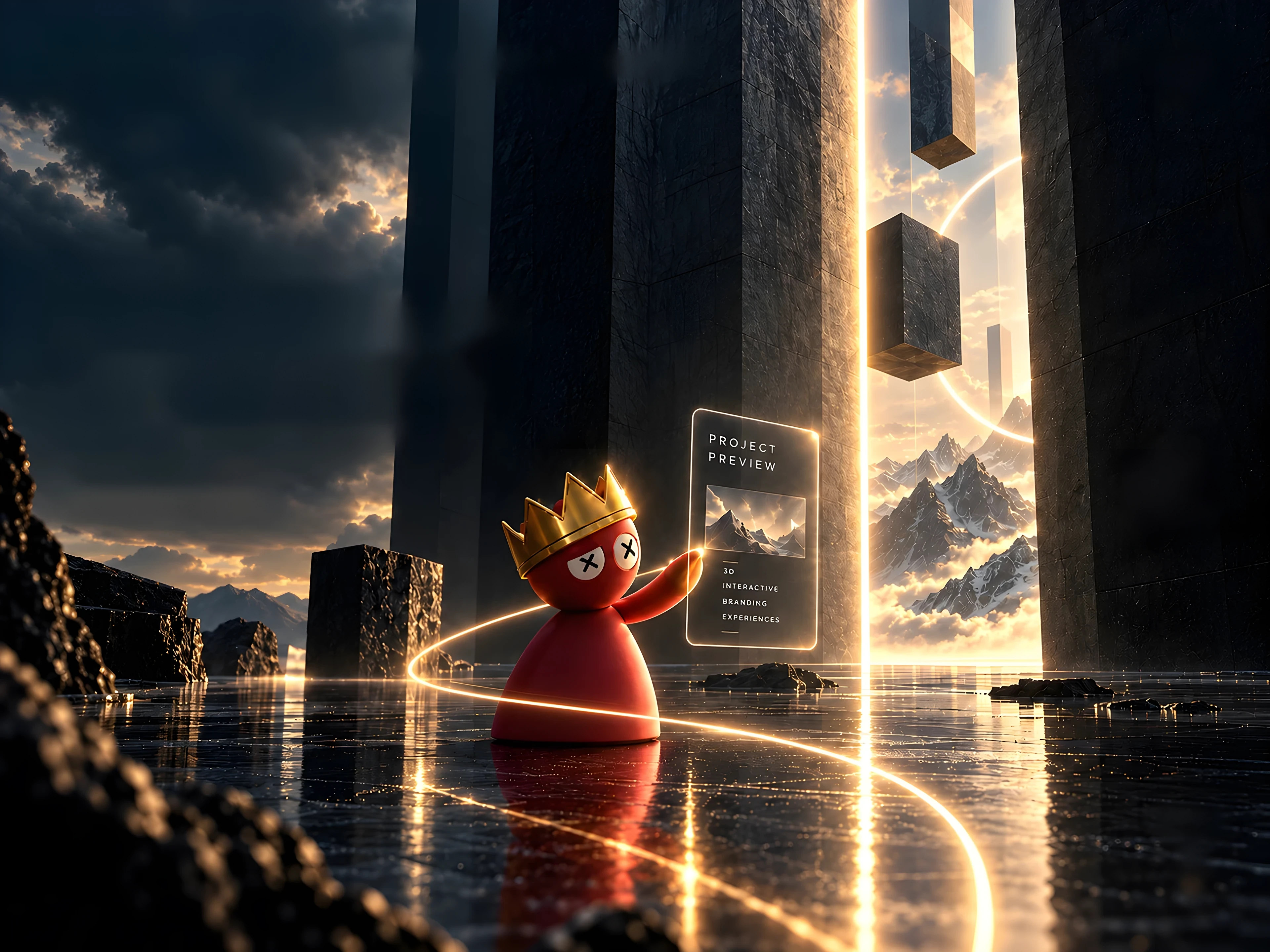 The red crowned BYNOQ character reaching toward a glowing doorway of light between dark monoliths