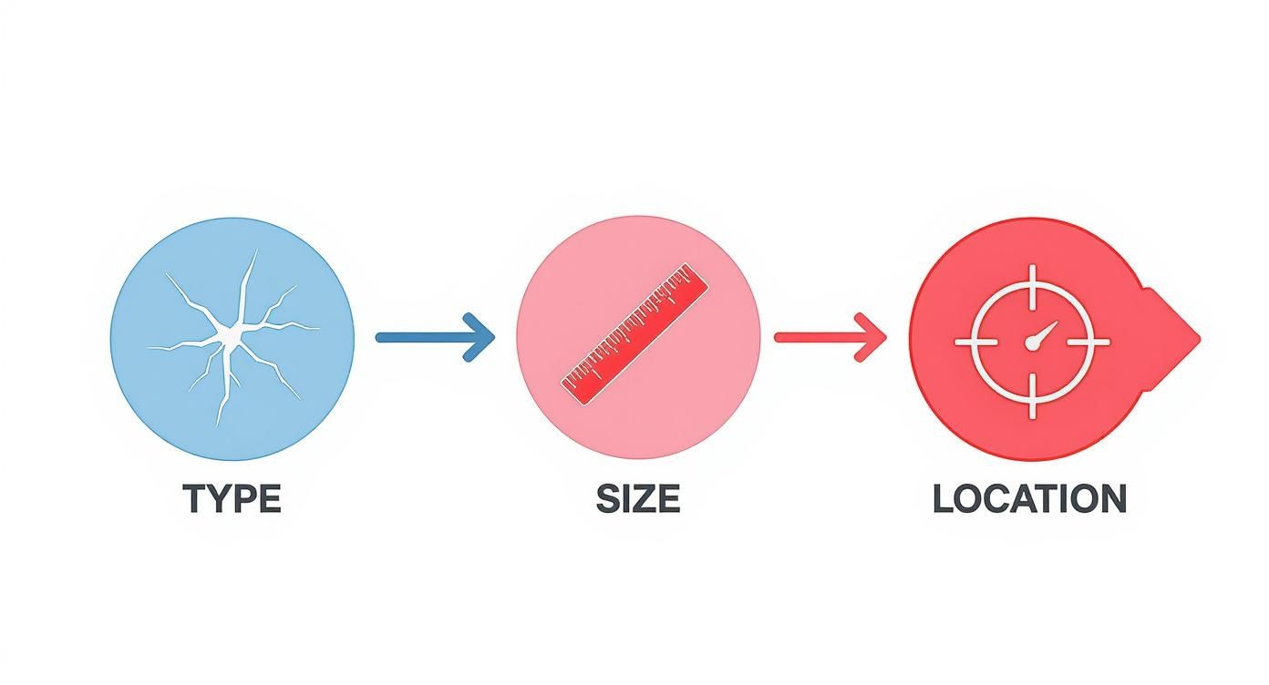 Infographic showing three stages: cell type identification, size measurement, and location targeting process