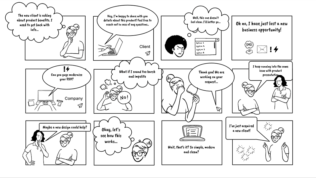 A 12-panel storyboard illustrating a salesperson's journey from losing a client due to a confusing product page to successfully acquiring a new one after the company implements a modern, simplified design