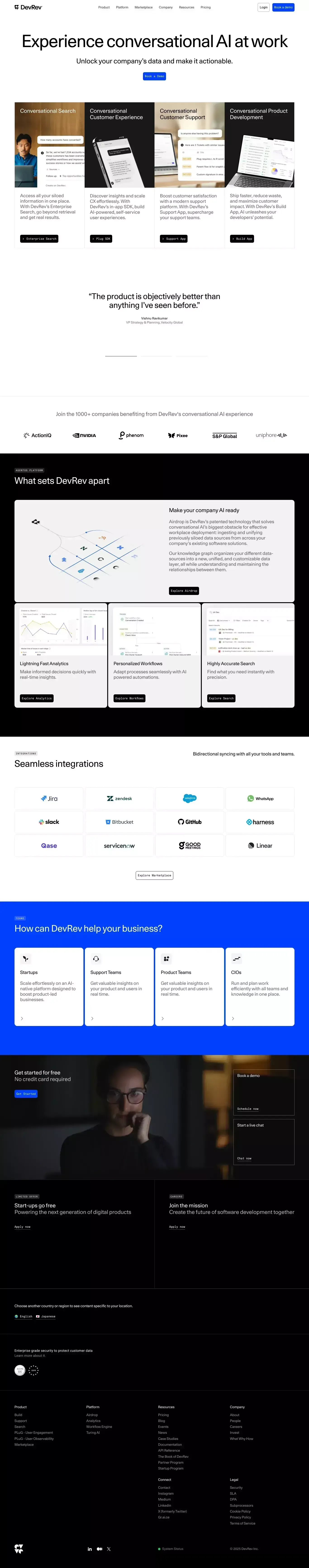 DevRev: Conversational AI at work landing page screenshot showcasing AI and Tech design