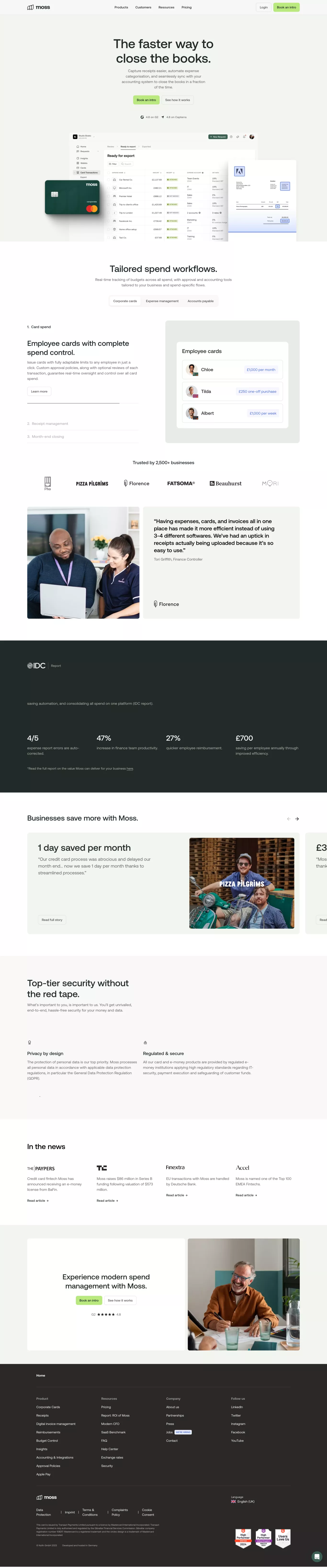 Moss: Spend smarter. landing page screenshot showcasing Tech and Finance design