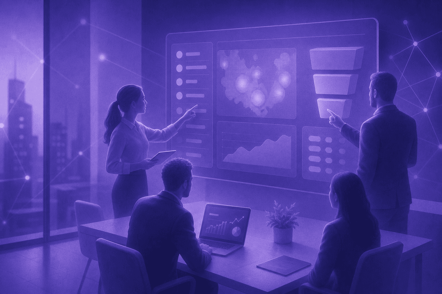 A modern B2B sales and marketing team in a sleek office environment, viewing a large digital dashboard on a wall screen showing company logos, account activity heatmaps, and pipeline stages. Team members are gathered around pointing at the screen with focused expressions. The room has a dark, professional aesthetic with blue and teal data visualizations glowing on the display. Clean corporate setting with subtle network grid overlays suggesting real-time intelligence flowing into business decisions.
