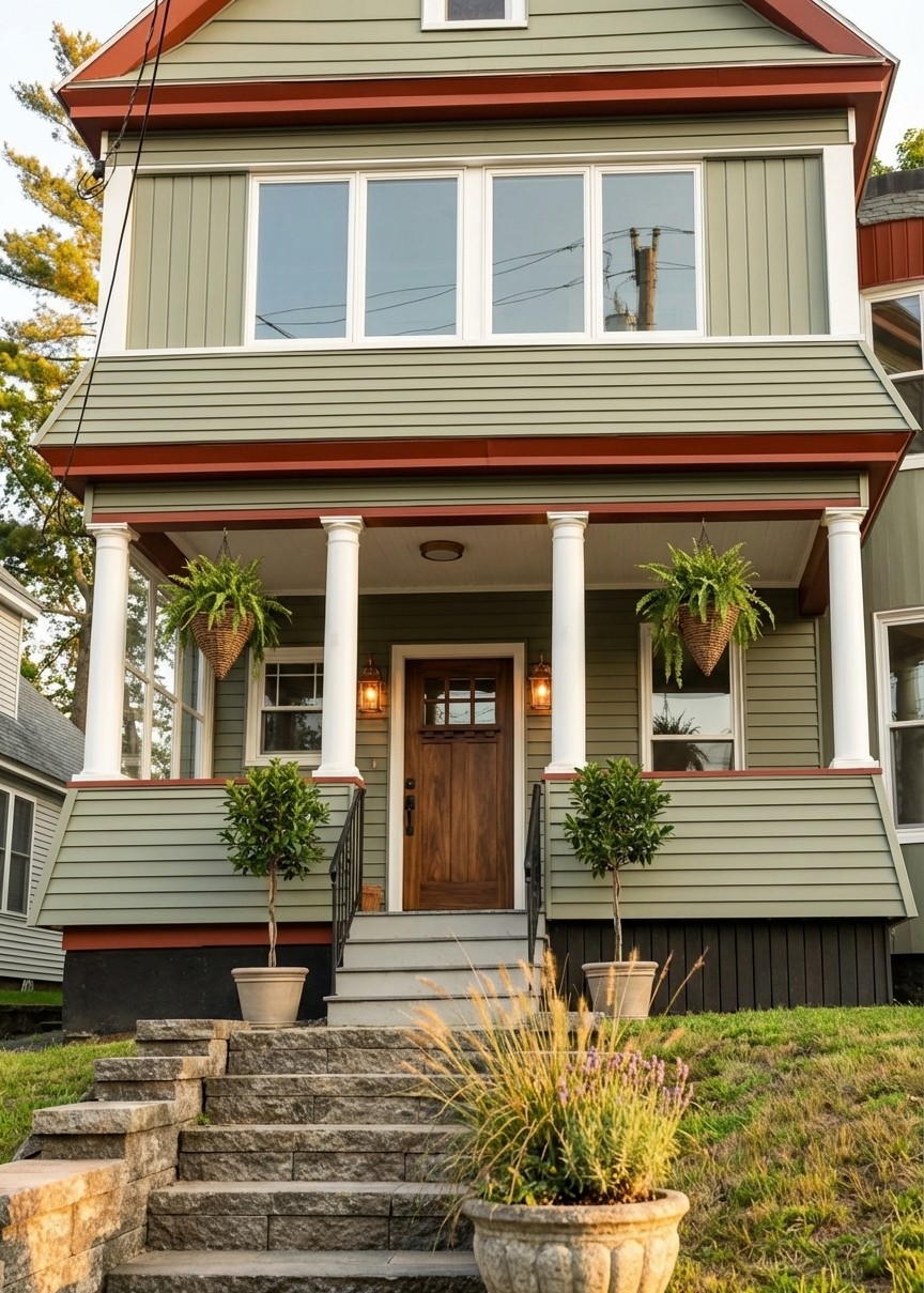 Sage green siding with rust-red trim, walnut wood door, copper lantern lights, and hanging fern planters